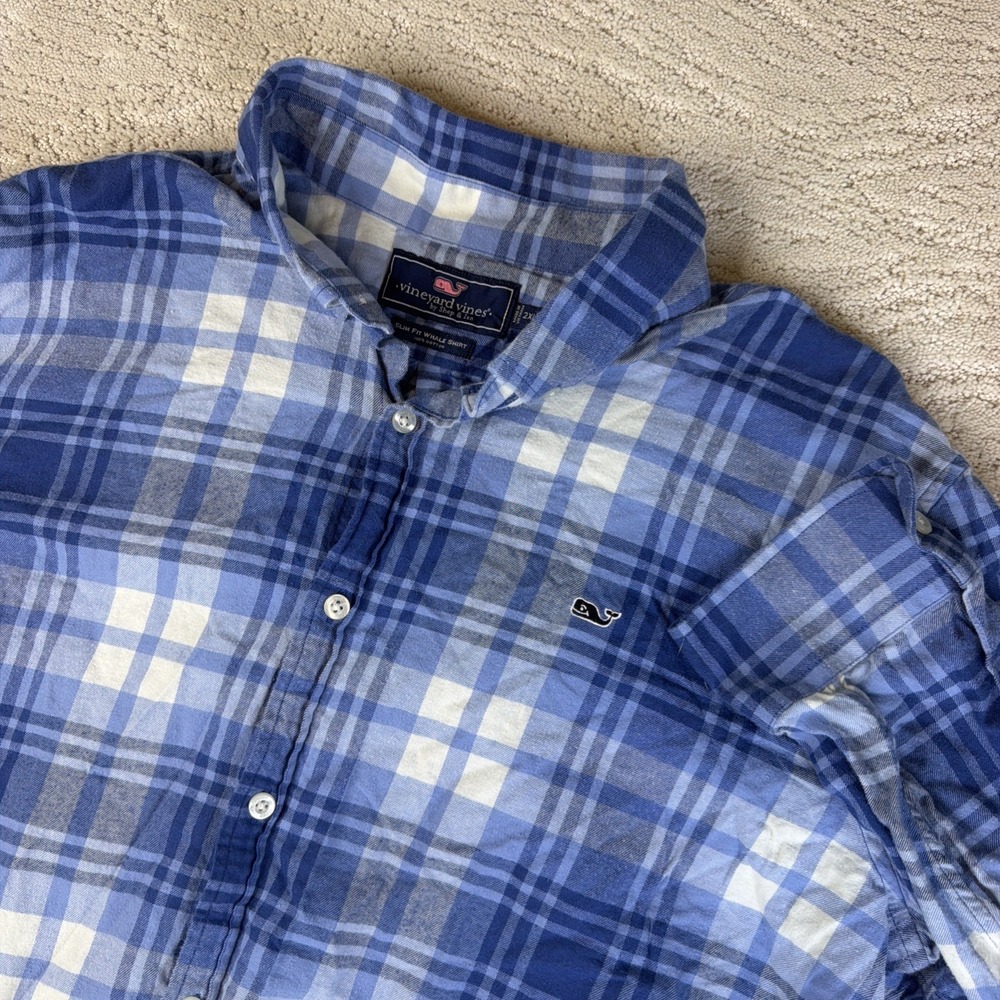 Men's Vineyard Vines 2XL Slim Fit Whale Shirt Cotton Blue Plaid Button Down